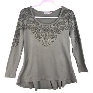 Unity World Wear Olive Green Waffle Knit Rhinestone Lace Print Top Large L